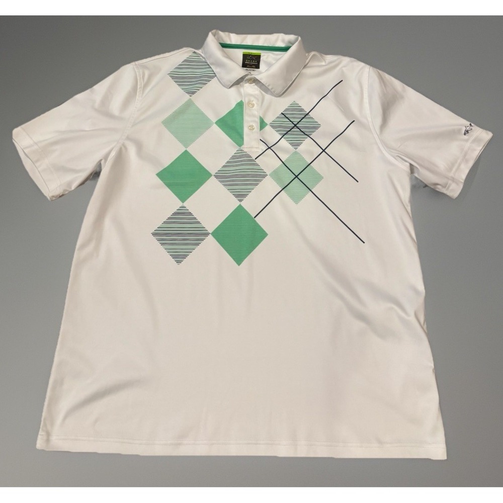 Greg Norman Mens XL‎ Argyle White Golf Polo Shirt Play Dry Performance Shark